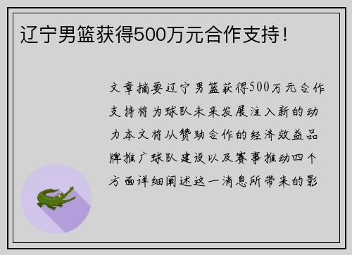 辽宁男篮获得500万元合作支持！